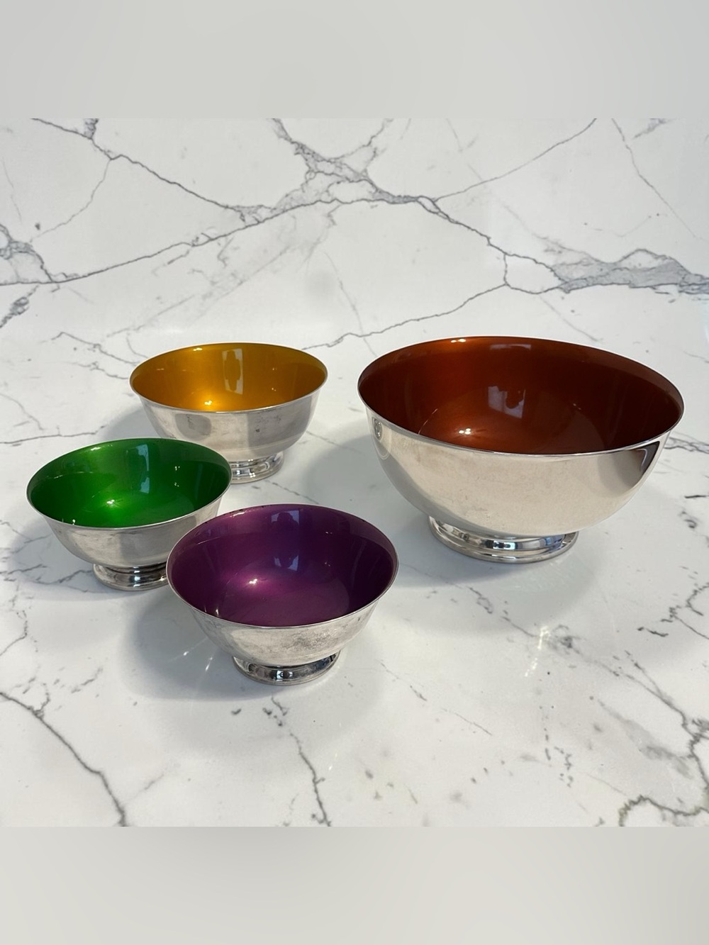 Four Reed & Barton Silverplate Revere Bowls with Enamel Interiors Mid Century